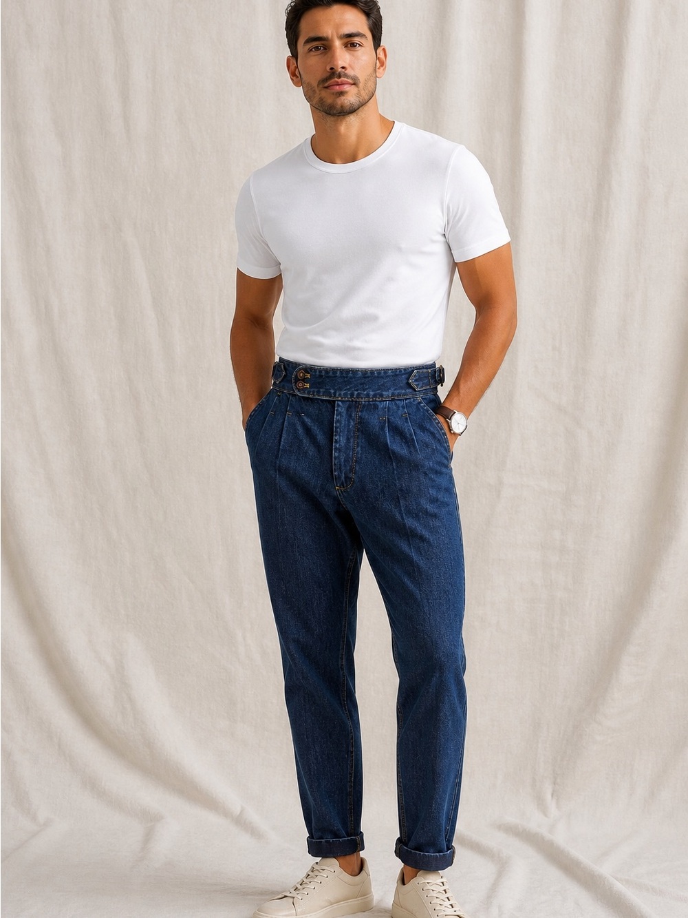 Pleated Indigo Denim Trousers w/ side adjusters - NWT - Tailored Tapered Fit